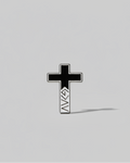 SĒK Apparel God is Greater Than the Highs and Lows enamel pin — cross-shaped Christian lapel pin with 'G>∧∨' symbol, faith-inspired accessory