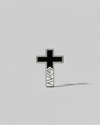 SĒK Apparel God is Greater Than the Highs and Lows enamel pin — cross-shaped Christian lapel pin with 'G>∧∨' symbol, faith-inspired accessory