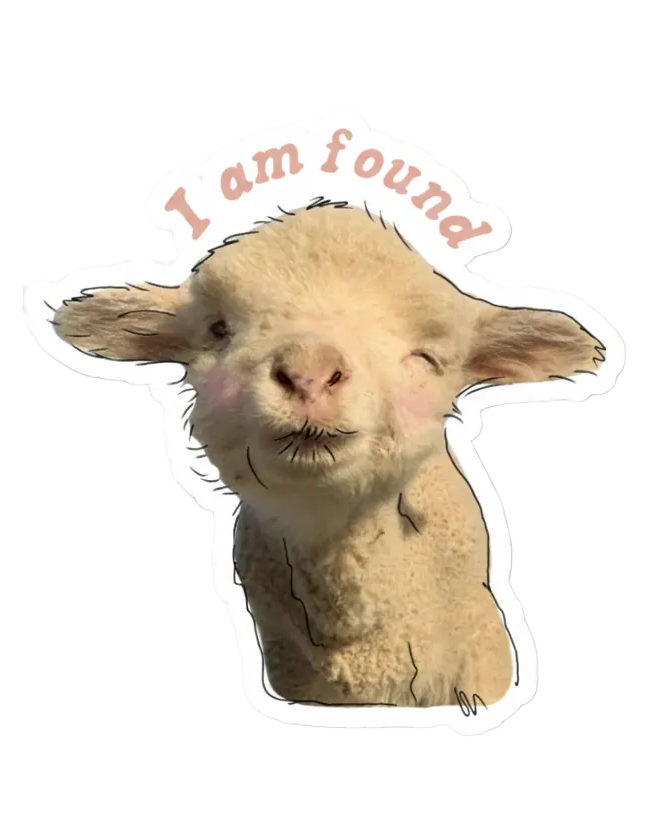 SĒK Apparel I Am Found sticker — illustrated baby lamb with 'I Am Found' text, faith-inspired Christian sticker referencing the parable of the lost sheep, on white background