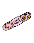 SĒK Apparel Jesus Heals sticker — pink bandaid design with smiley faces and 'Jesus Heals' text, faith-inspired Christian sticker on white background