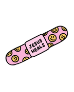 SĒK Apparel Jesus Heals sticker — pink bandaid design with smiley faces and 'Jesus Heals' text, faith-inspired Christian sticker on white background