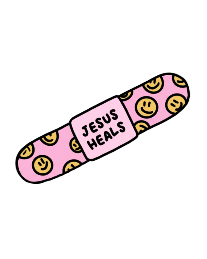 SĒK Apparel Jesus Heals sticker — pink bandaid design with smiley faces and 'Jesus Heals' text, faith-inspired Christian sticker on white background