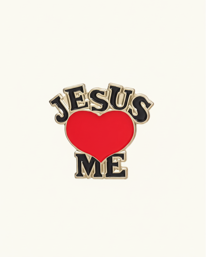 SĒK Apparel Jesus Loves Me enamel pin — front view with stylized lettering and gold detailing, faith-inspired Christian accessory