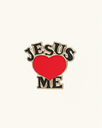 SĒK Apparel Jesus Loves Me enamel pin — front view with stylized lettering and gold detailing, faith-inspired Christian accessory