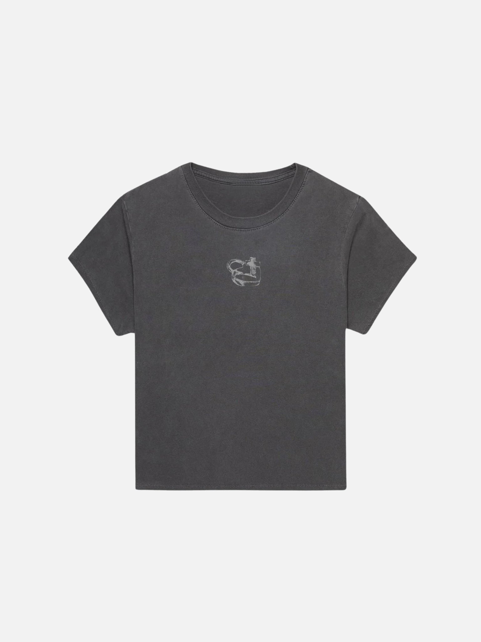 SĒK Apparel Jesus is the Key Baby Tee in gray — flat lay of faith-inspired Christian baby tee with heart-shaped lock and cross key graphic