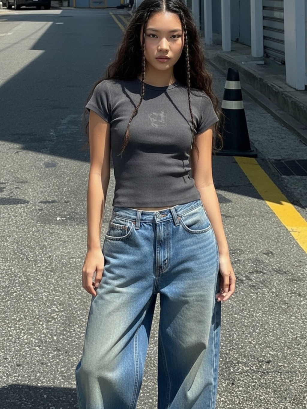 Woman wearing the SĒK Apparel Jesus is the Key Baby Tee in gray — faith-inspired Christian graphic tee with heart lock and cross key design, styled with blue jeans outdoors