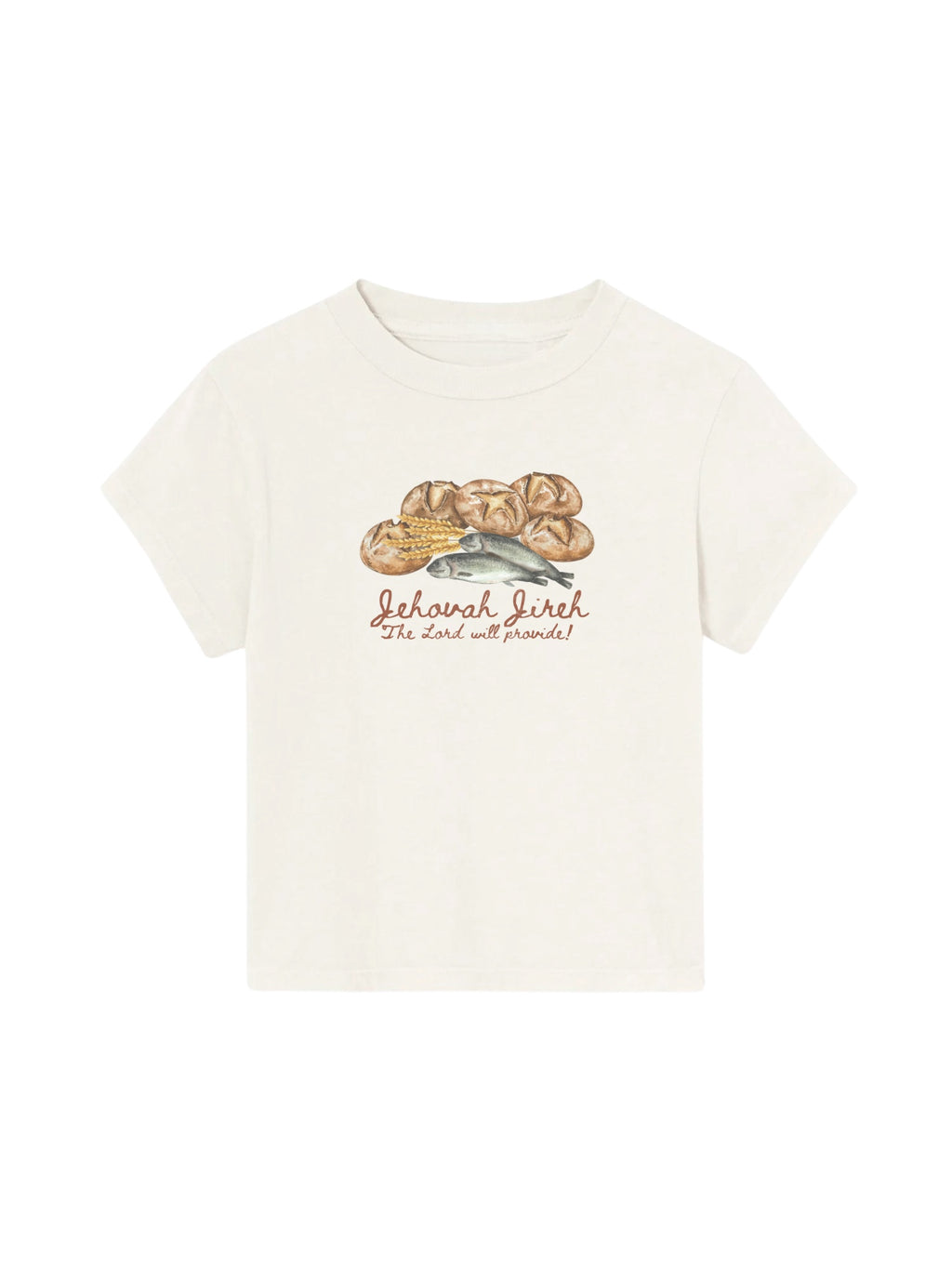 SĒK Apparel Jehovah Jireh Baby Tee in off-white — flat lay of faith-inspired Christian baby tee with bread illustration and 'Jehovah Jireh — The Lord Will Provide' text