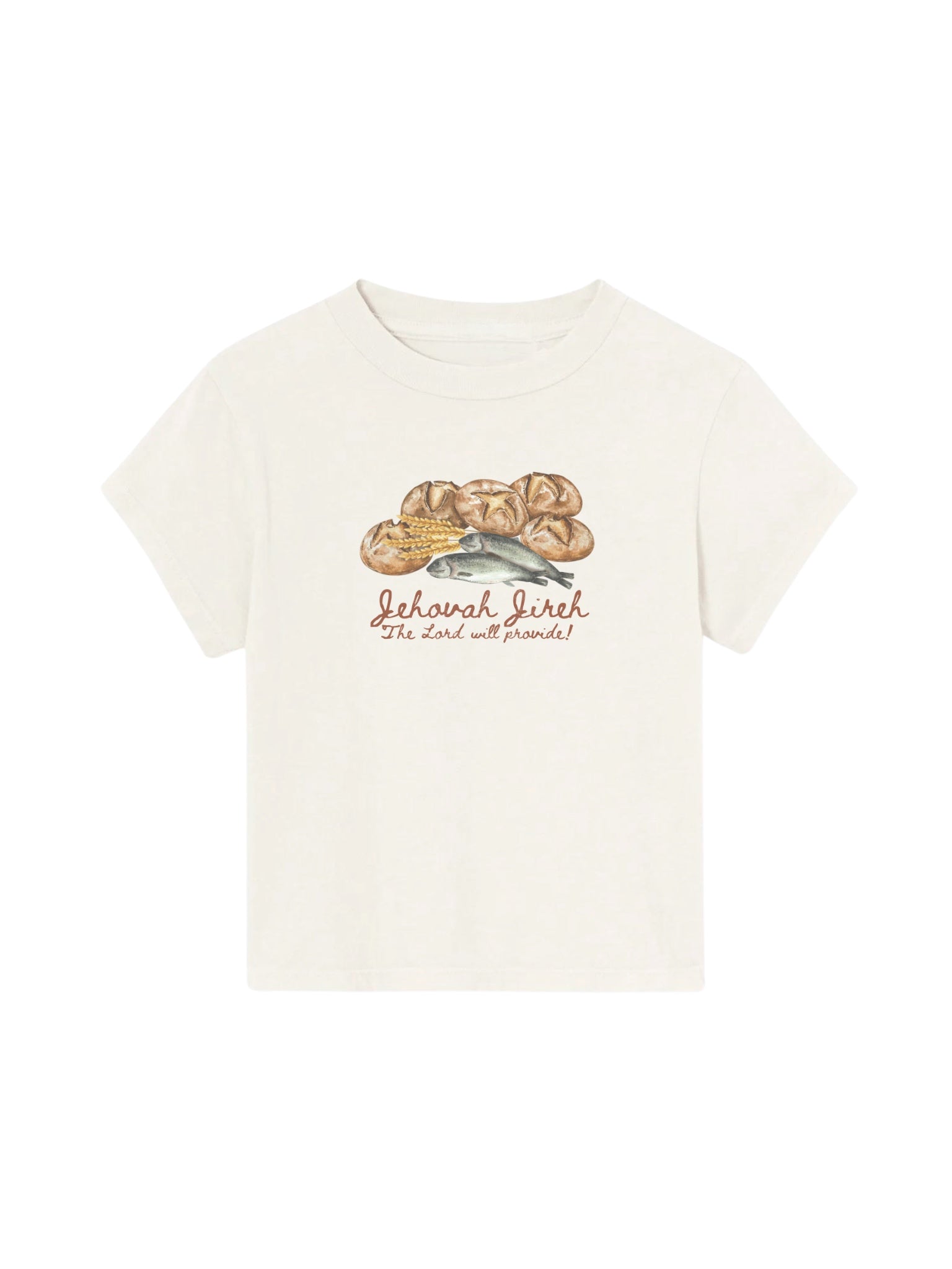 SĒK Apparel Jehovah Jireh Baby Tee in off-white — flat lay of faith-inspired Christian baby tee with bread illustration and 'Jehovah Jireh — The Lord Will Provide' text