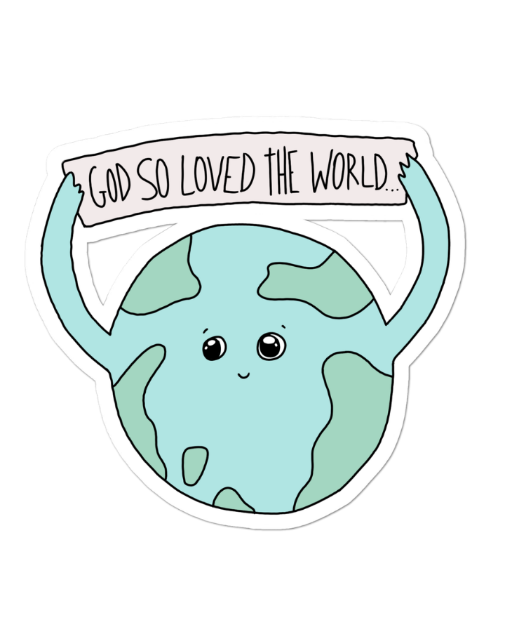 SĒK Apparel John 3:16 sticker — illustrated cartoon Earth holding a 'God So Loved the World' sign, faith-inspired Christian sticker referencing John 3:16 on white background