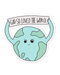 SĒK Apparel John 3:16 sticker — illustrated cartoon Earth holding a 'God So Loved the World' sign, faith-inspired Christian sticker referencing John 3:16 on white background