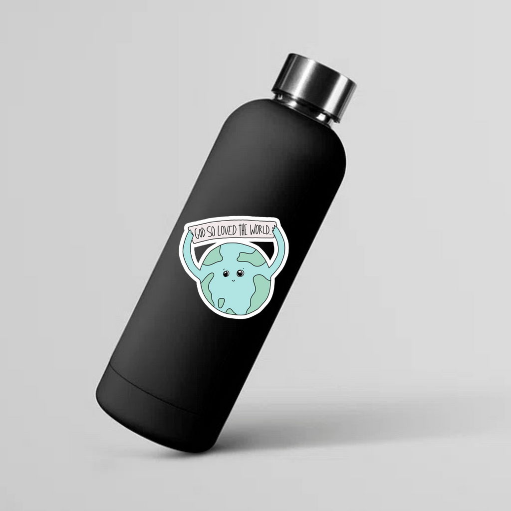 SĒK Apparel John 3:16 cartoon Earth sticker shown on a water bottle mockup — faith-inspired Christian sticker perfect for bottles, laptops, and journals