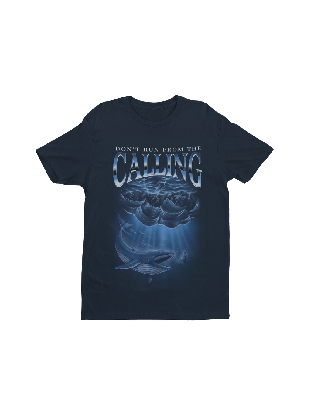 SĒK Apparel Jonah Vintage Tee in navy — flat lay of faith-inspired Christian vintage graphic tee with Jonah and the whale illustration, referencing Jonah 1-2