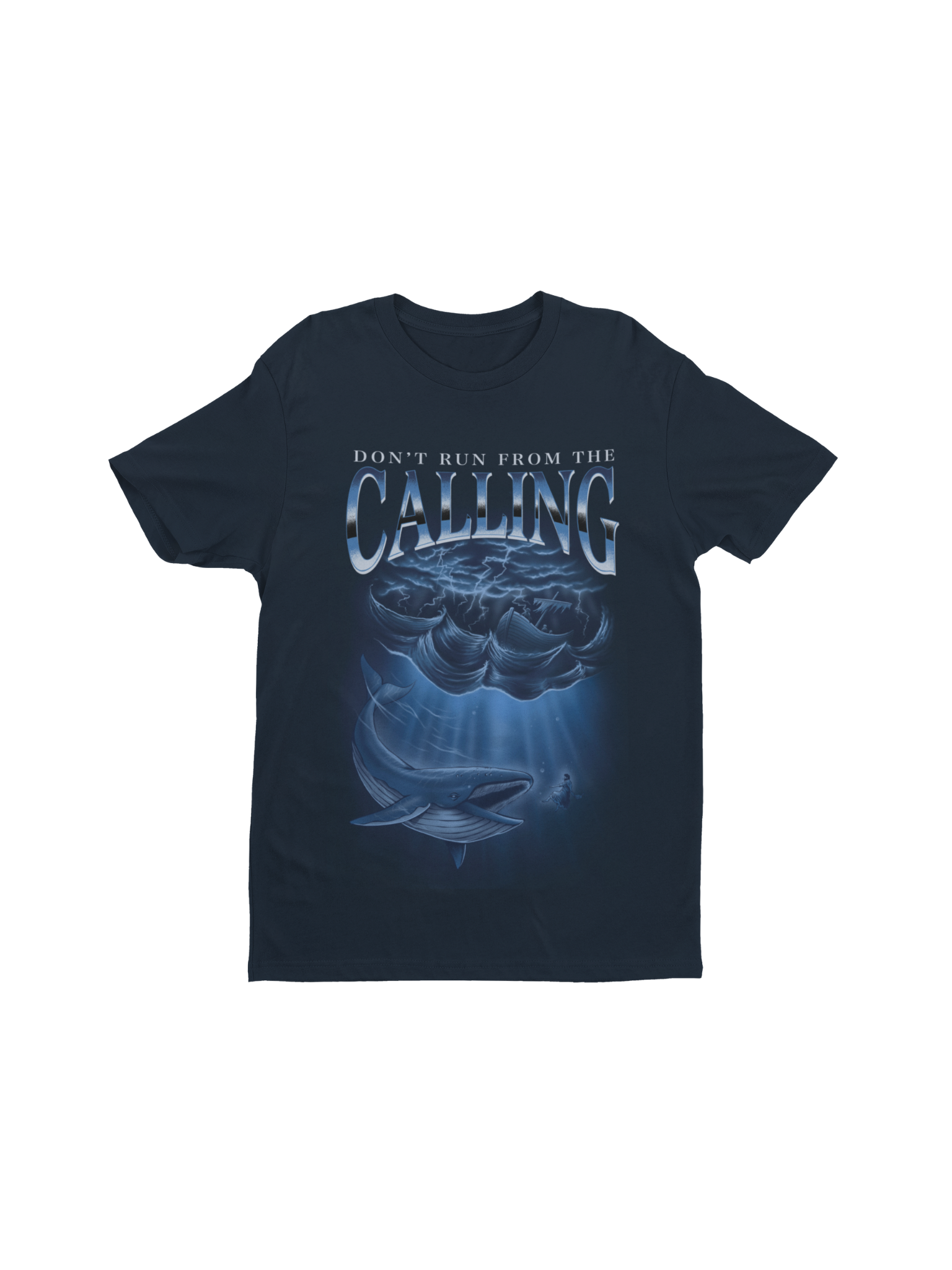 SĒK Apparel Jonah Vintage Tee in navy — flat lay of faith-inspired Christian vintage graphic tee with Jonah and the whale illustration, referencing Jonah 1-2
