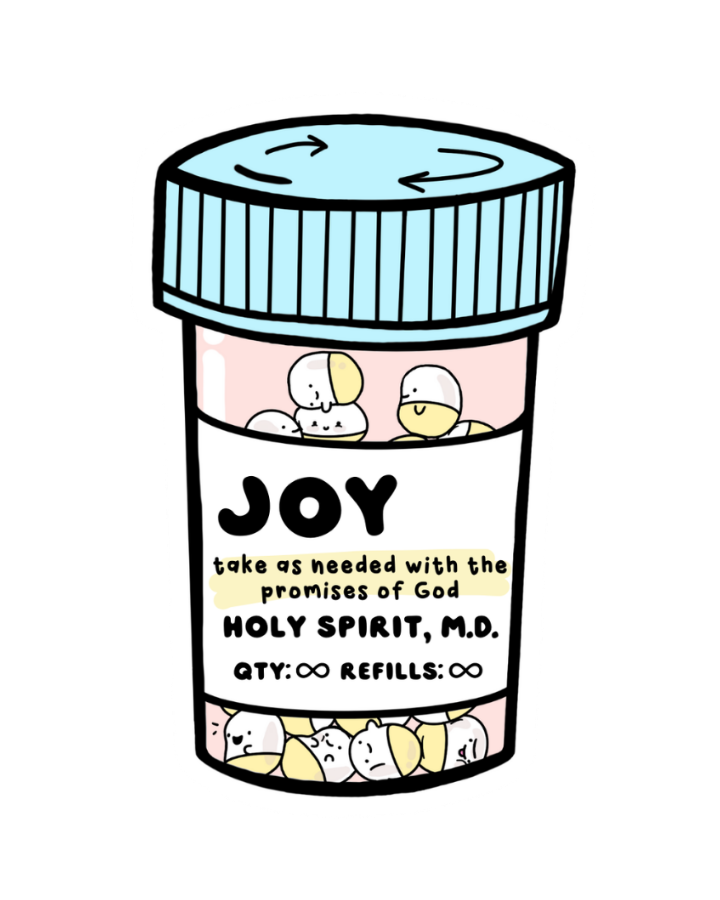 SĒK Apparel Joy Pills sticker — illustrated pill bottle labeled 'Joy' with cartoon characters, faith-inspired Christian sticker referencing Philippians 4:4 on white background"