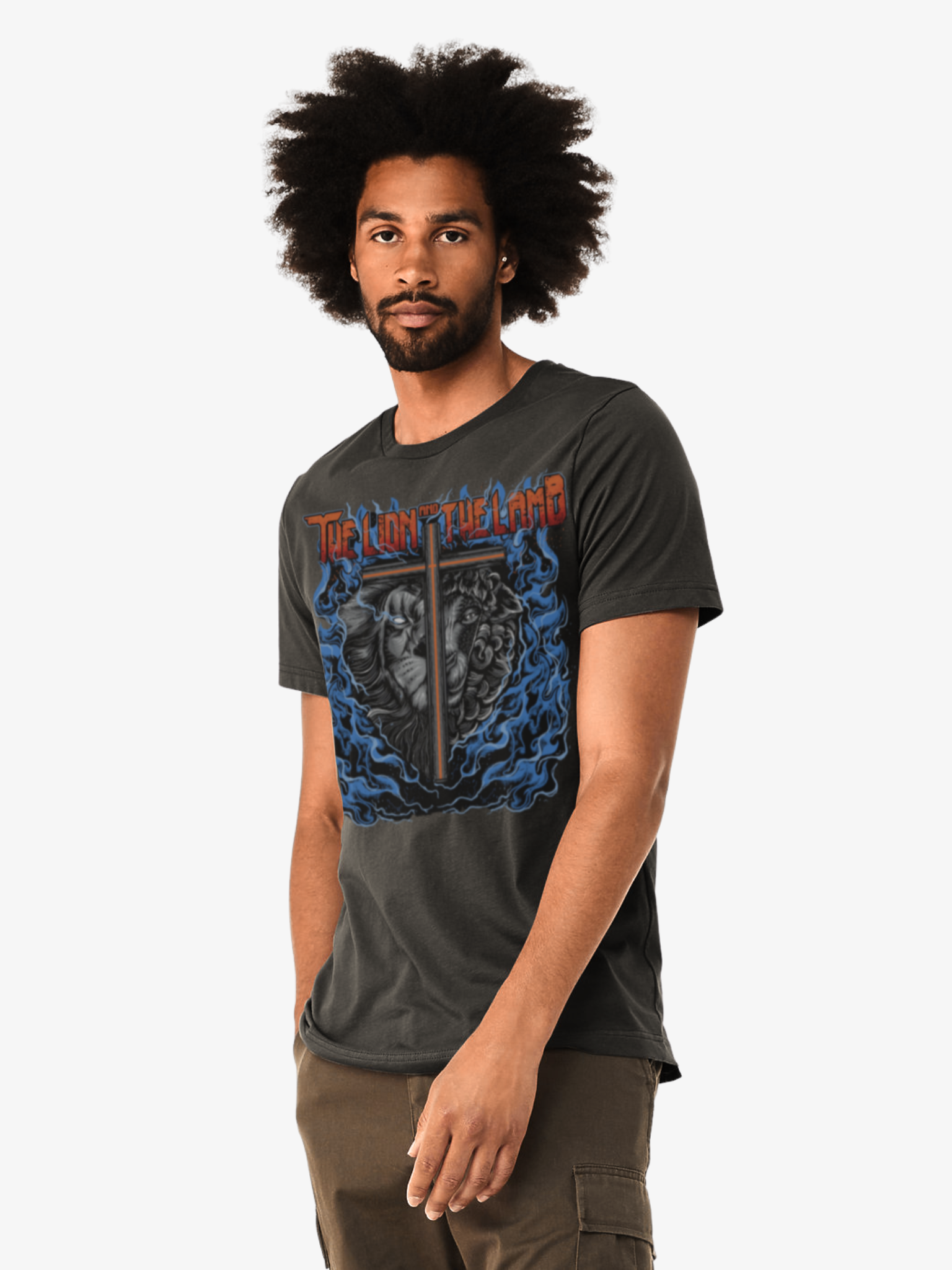 Man wearing the SĒK Apparel Lion & The Lamb Vintage Tee — front view of faith-inspired Christian vintage graphic tee with lion and lamb illustration, referencing Isaiah 11:6