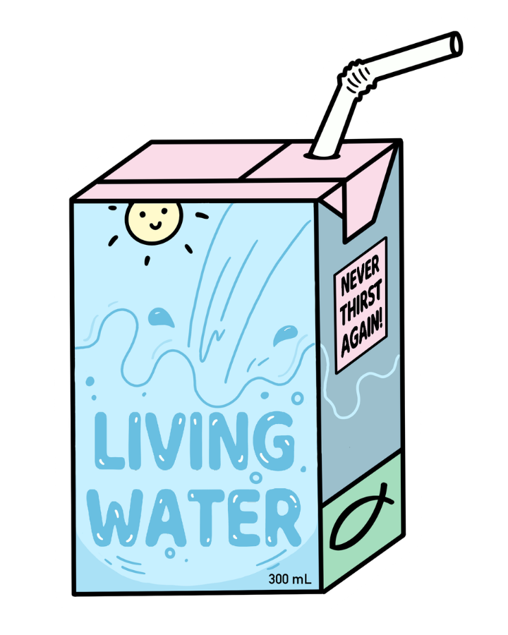 SĒK Apparel Living Water sticker — illustrated water carton with straw and 'Living Water' design, faith-inspired Christian sticker referencing John 4:14 on white background