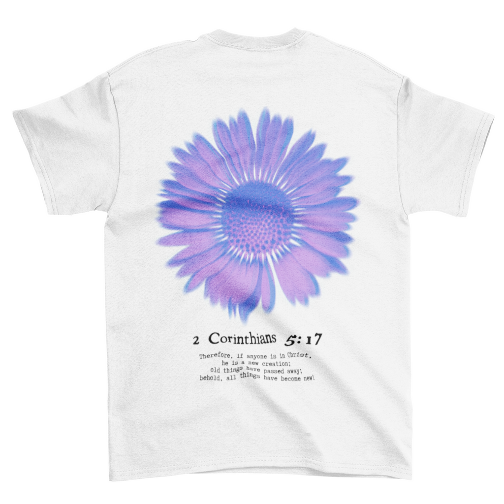 SĒK Apparel Made New Flower Tee in white — flat lay back view with floral graphic and 2 Corinthians 5:17 scripture design