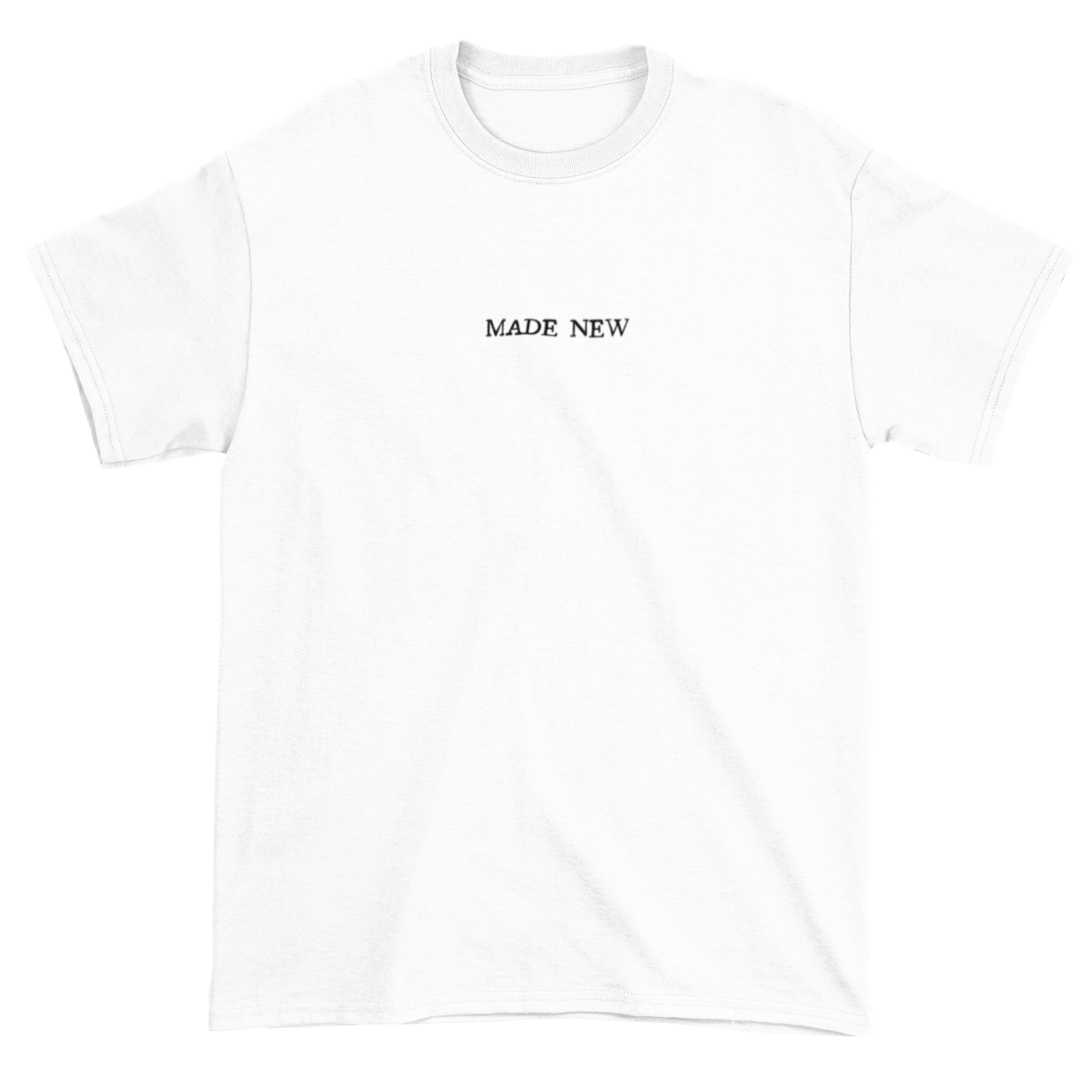 SĒK Apparel Made New Flower Tee in white — flat lay front view of faith-inspired Christian graphic tee with floral design