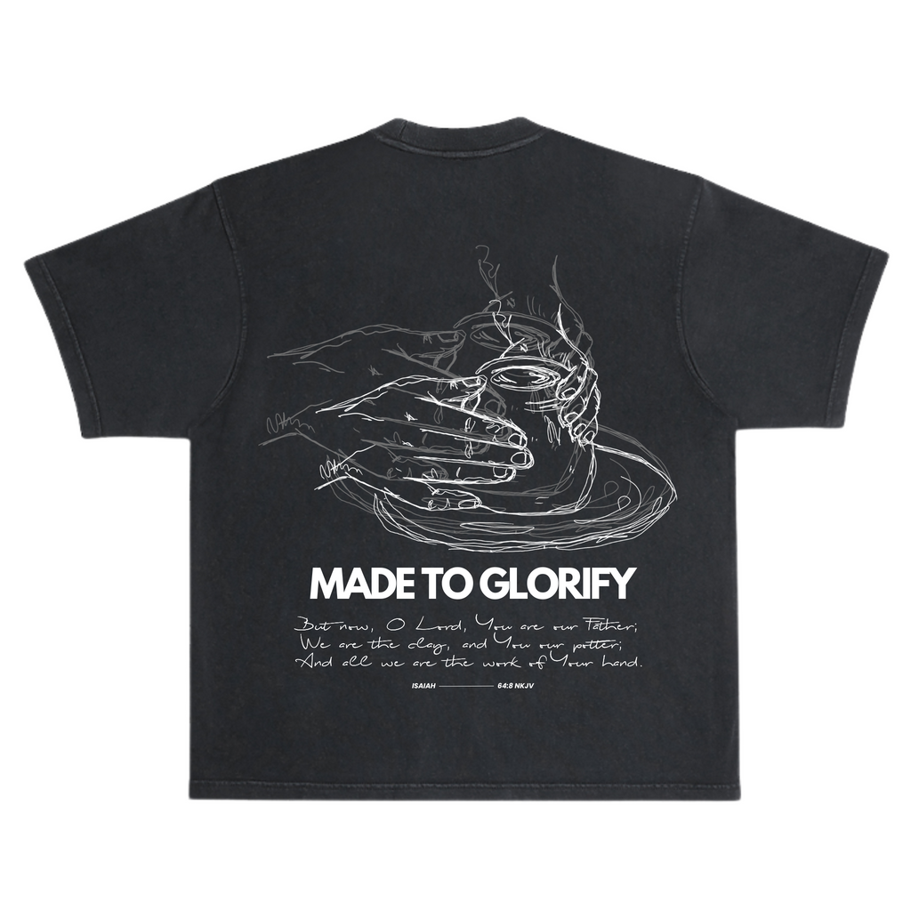SĒK Apparel Made to Glorify Tee in faded black — flat lay back view with bold 'Made to Glorify' text graphic