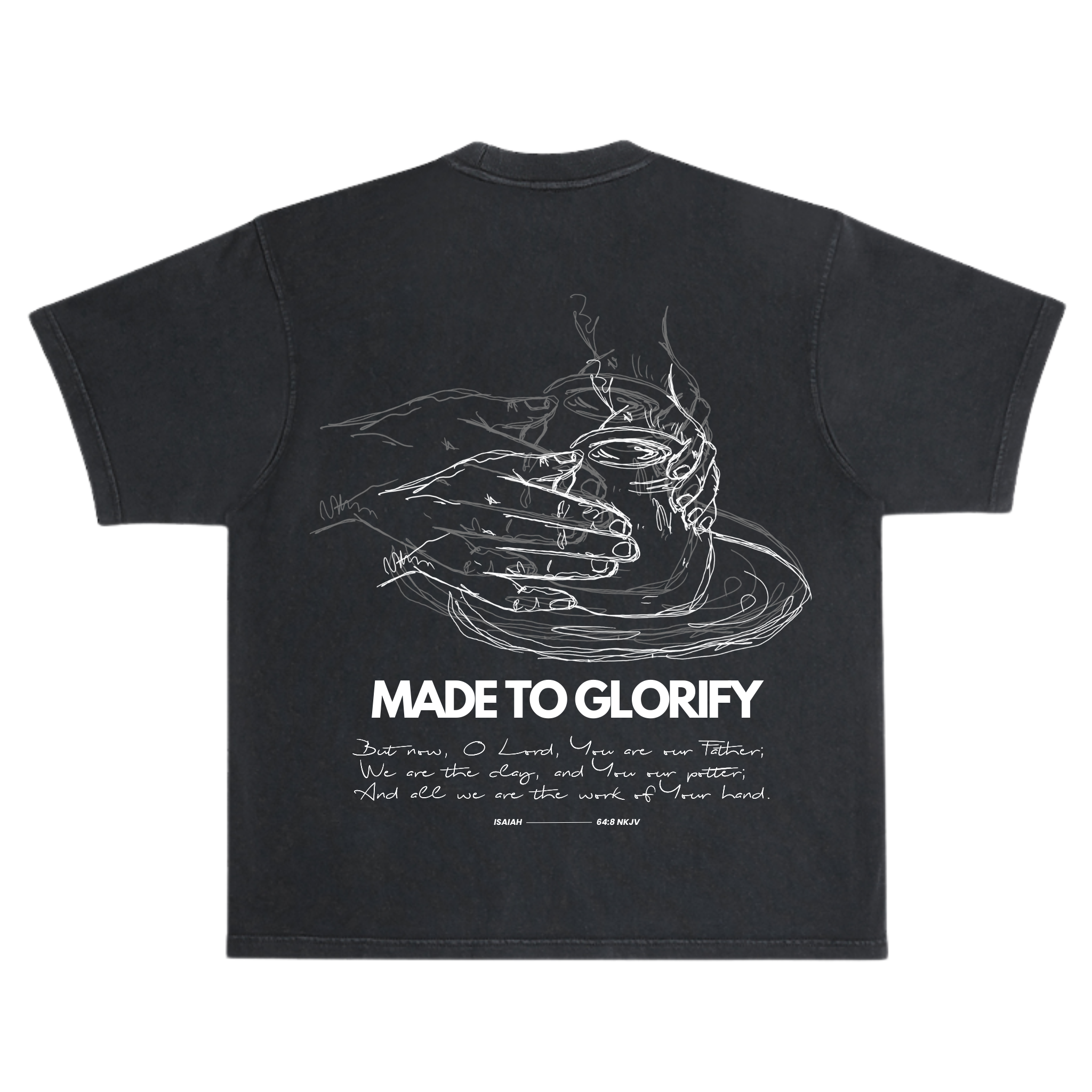 SĒK Apparel Made to Glorify Tee in faded black — flat lay back view with bold 'Made to Glorify' text graphic