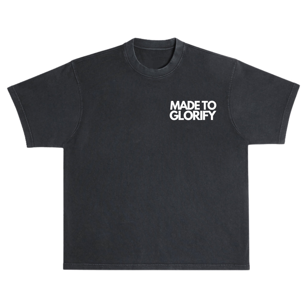 SĒK Apparel Made to Glorify Tee in faded black — flat lay front view of faith-inspired Christian graphic tee