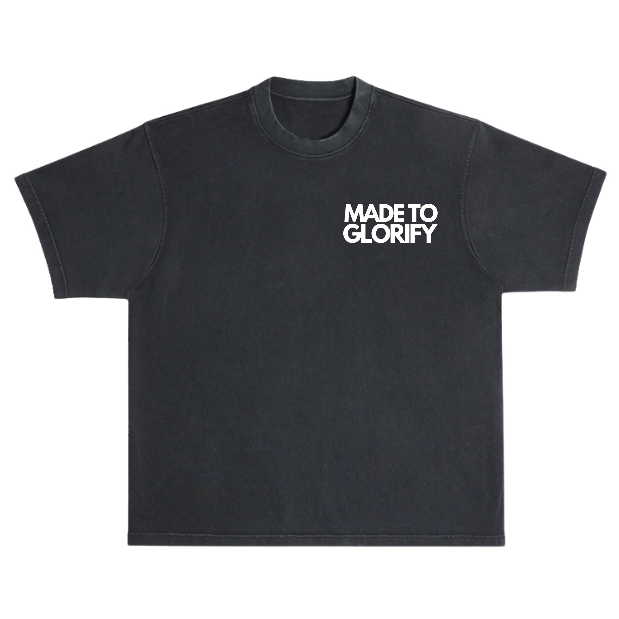 SĒK Apparel Made to Glorify Tee in faded black — flat lay front view of faith-inspired Christian graphic tee