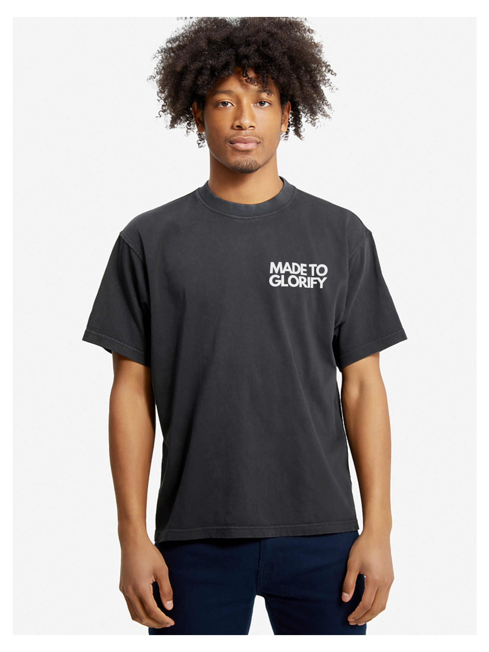 Man wearing the SĒK Apparel Made to Glorify Tee in faded black — front view of faith-inspired Christian graphic tee