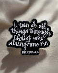SĒK Apparel Philippians 4:13 enamel pin — faith-inspired Christian lapel pin with 'I Can Do All Things Through Christ Who Strengthens Me' text, referencing Philippians 4:13
