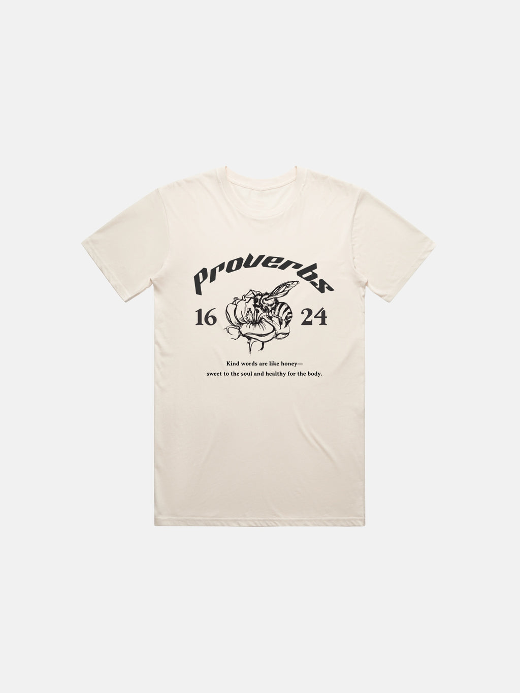 SĒK Apparel Proverbs 16:24 Graphic Tee — flat lay of faith-inspired Christian graphic tee with honey illustration and 'Gracious Words Are a Honeycomb' design, referencing Proverbs 16:24