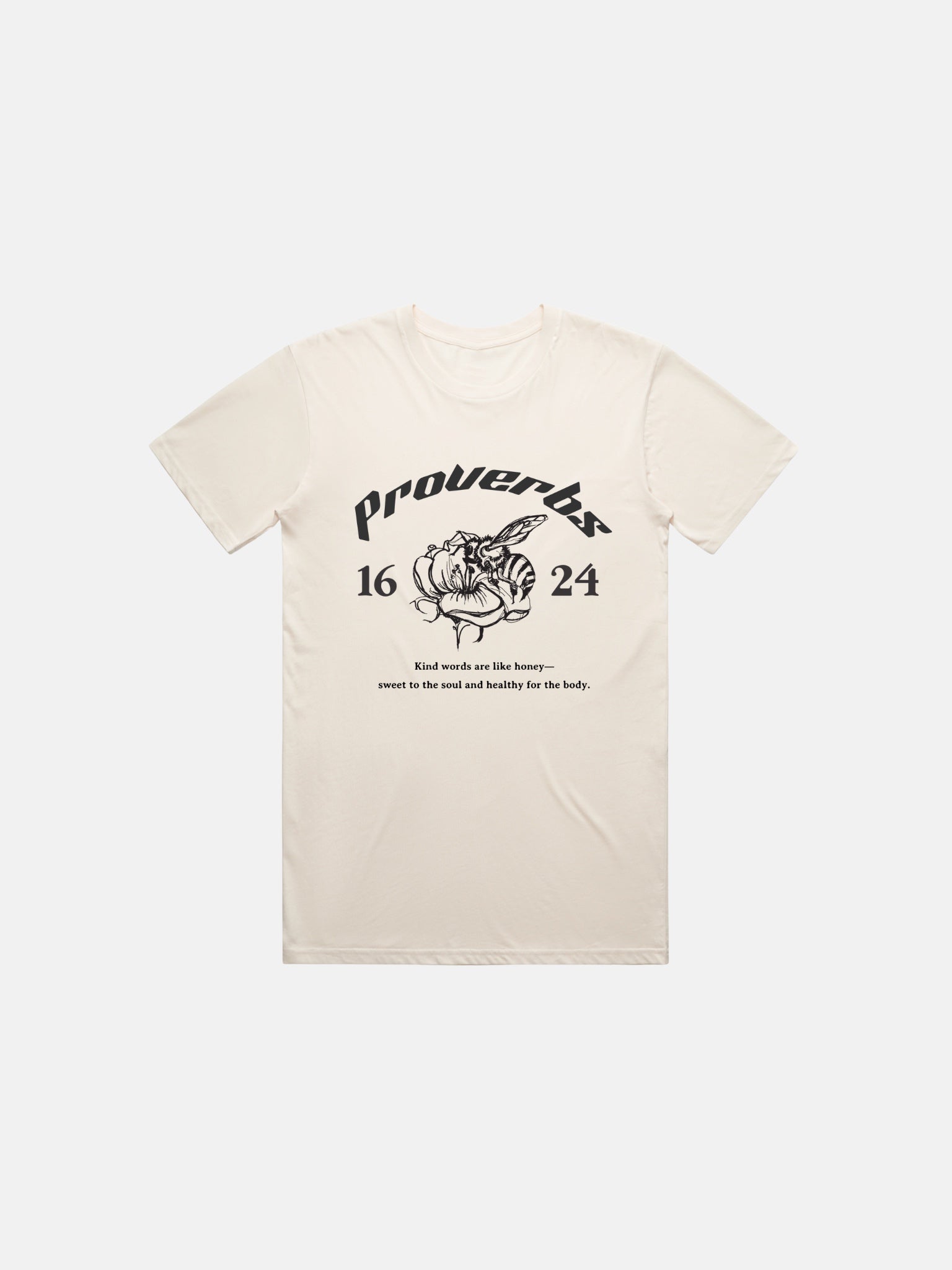 SĒK Apparel Proverbs 16:24 Graphic Tee — flat lay of faith-inspired Christian graphic tee with honey illustration and 'Gracious Words Are a Honeycomb' design, referencing Proverbs 16:24