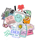 SĒK Apparel Random Christian Sticker Pack — assorted collection of faith-inspired Christian stickers with various designs and scripture text on white background