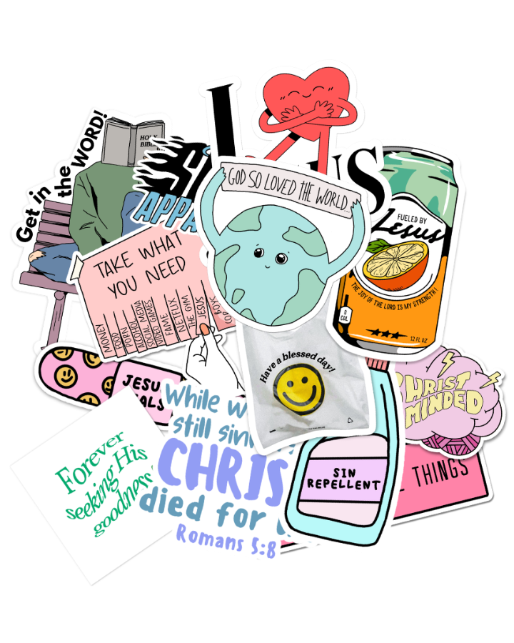 SĒK Apparel Random Christian Sticker Pack — assorted collection of faith-inspired Christian stickers with various designs and scripture text on white background