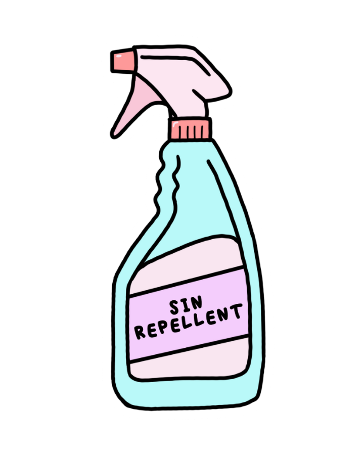 SĒK Apparel Sin Repellent sticker — illustrated spray bottle labeled 'Sin Repellent', humorous faith-inspired Christian sticker on white background