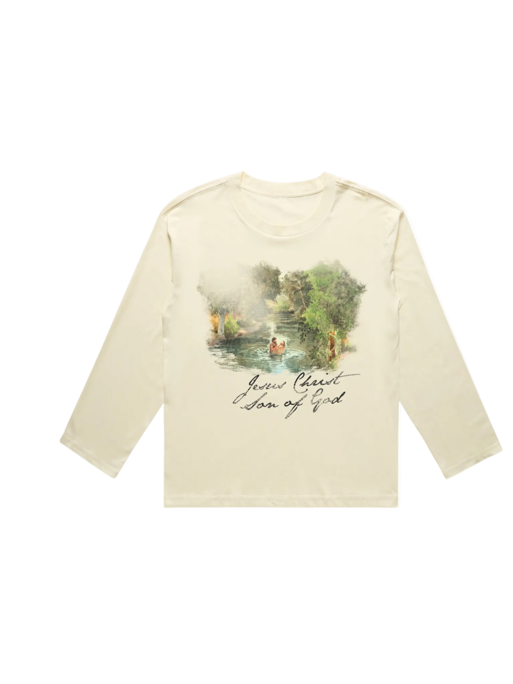 SĒK Apparel Son of God Long Sleeve in beige — flat lay of faith-inspired Christian graphic long sleeve tee with Jesus baptism design, referencing Matthew 3:17