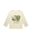 SĒK Apparel Son of God Long Sleeve in beige — flat lay of faith-inspired Christian graphic long sleeve tee with Jesus baptism design, referencing Matthew 3:17