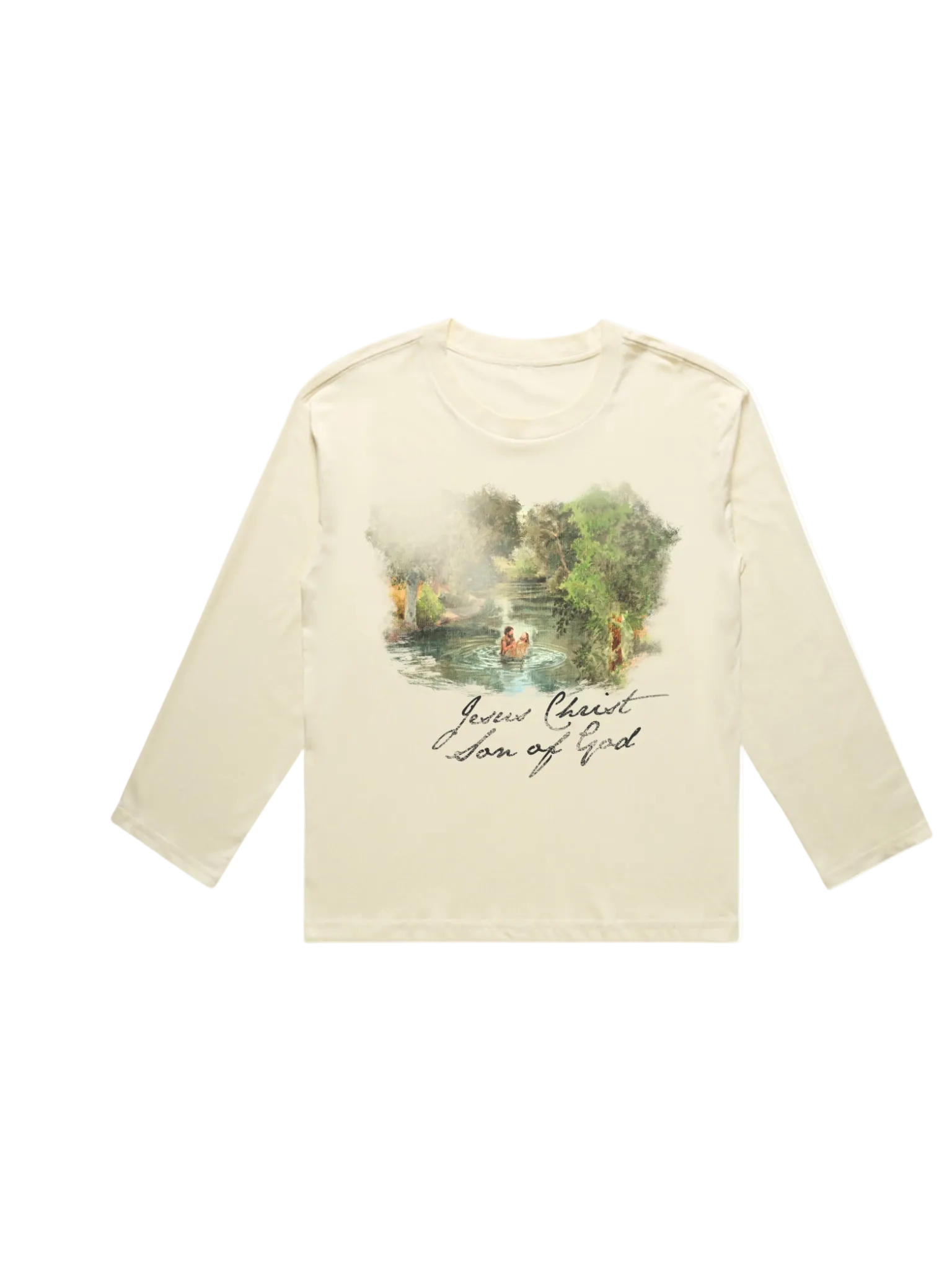 SĒK Apparel Son of God Long Sleeve in beige — flat lay of faith-inspired Christian graphic long sleeve tee with Jesus baptism design, referencing Matthew 3:17