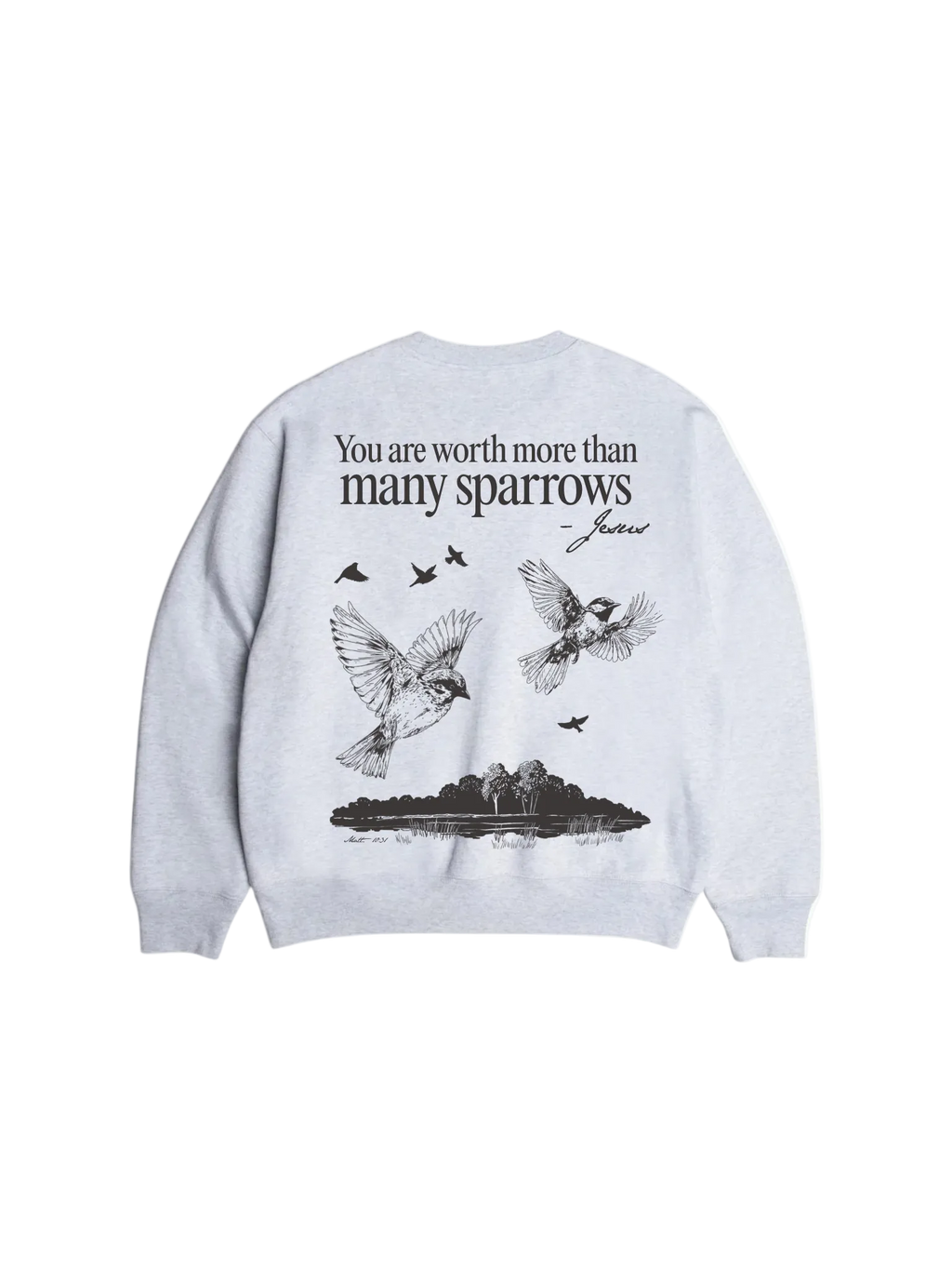 SĒK Apparel Matthew 10:31 Crewneck in heather gray — back view with sparrows illustration and scripture verse on faith-inspired sweatshirt
