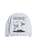 SĒK Apparel Matthew 10:31 Crewneck in heather gray — back view with sparrows illustration and scripture verse on faith-inspired sweatshirt
