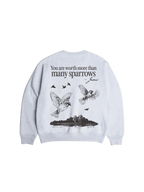 SĒK Apparel Matthew 10:31 Crewneck in heather gray — back view with sparrows illustration and scripture verse on faith-inspired sweatshirt