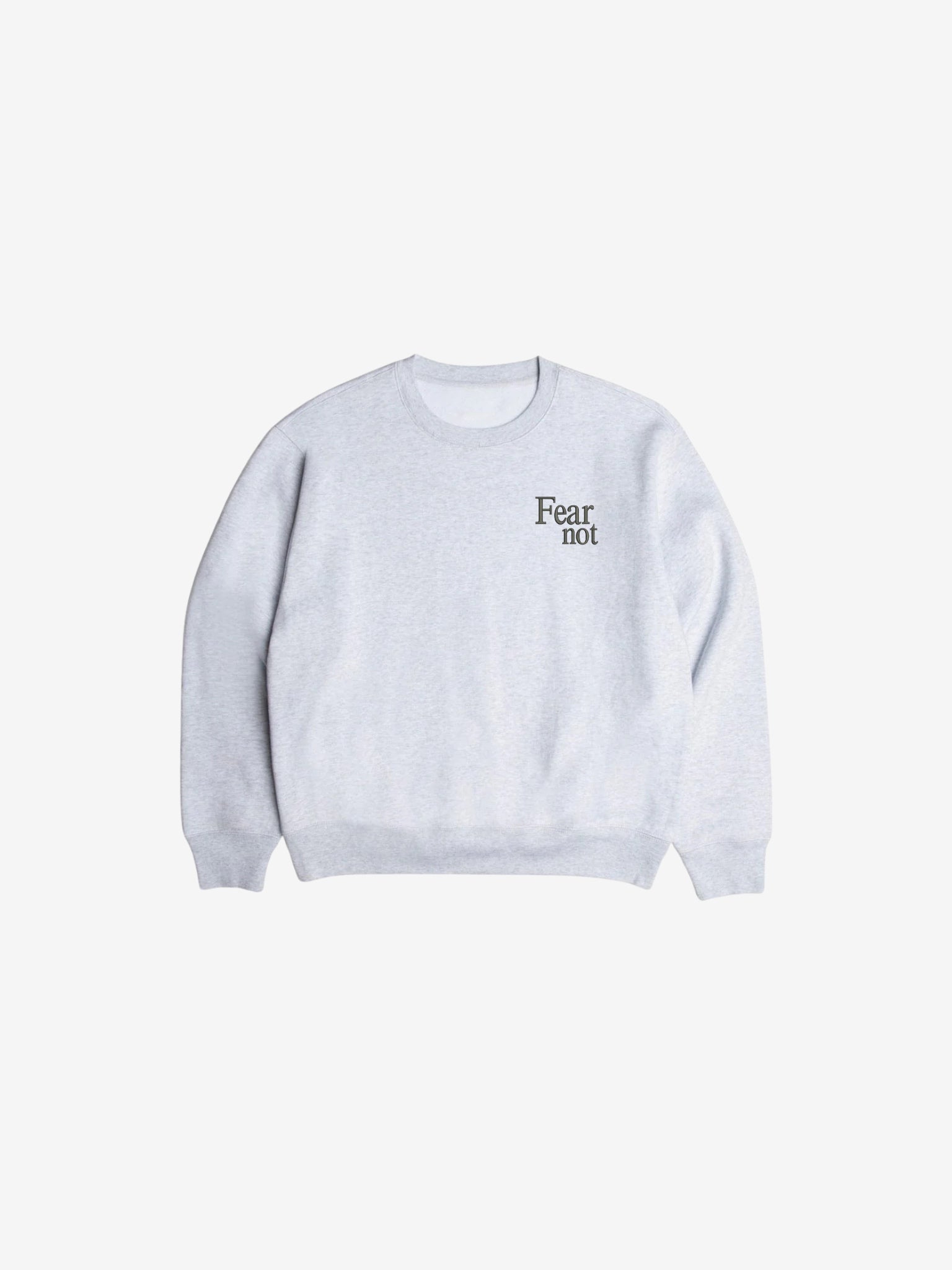 SĒK Apparel Matthew 10:31 Crewneck front view — heather gray sweatshirt with 'Fear Not' embroidered text, faith-inspired apparel