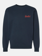 SĒK Apparel Steadfast Crewneck in navy — flat lay of faith-inspired Christian sweatshirt with embroidered 'Steadfast' detail, referencing 1 Corinthians 15:58