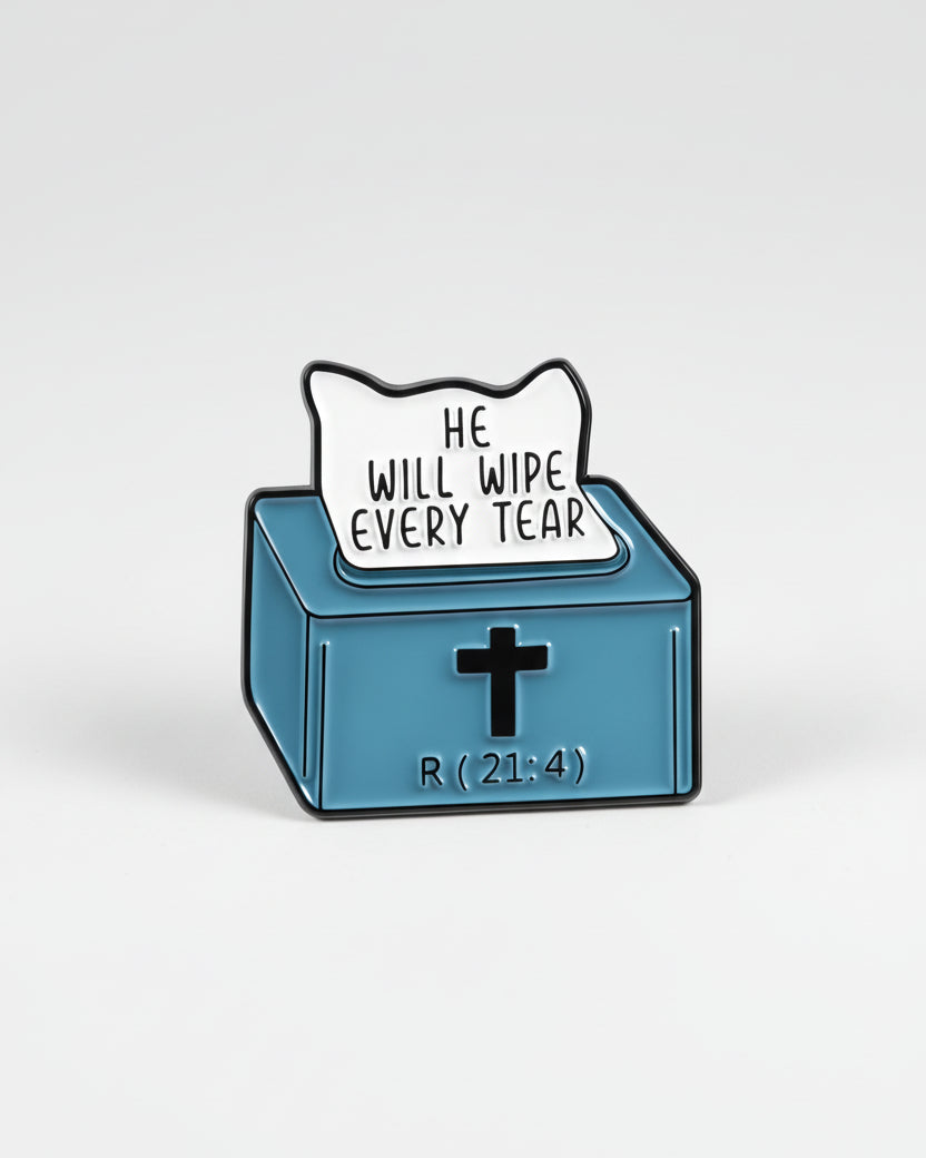 Blue box with a white sign reading 'He will wipe every tear' and a black cross, on a white background.