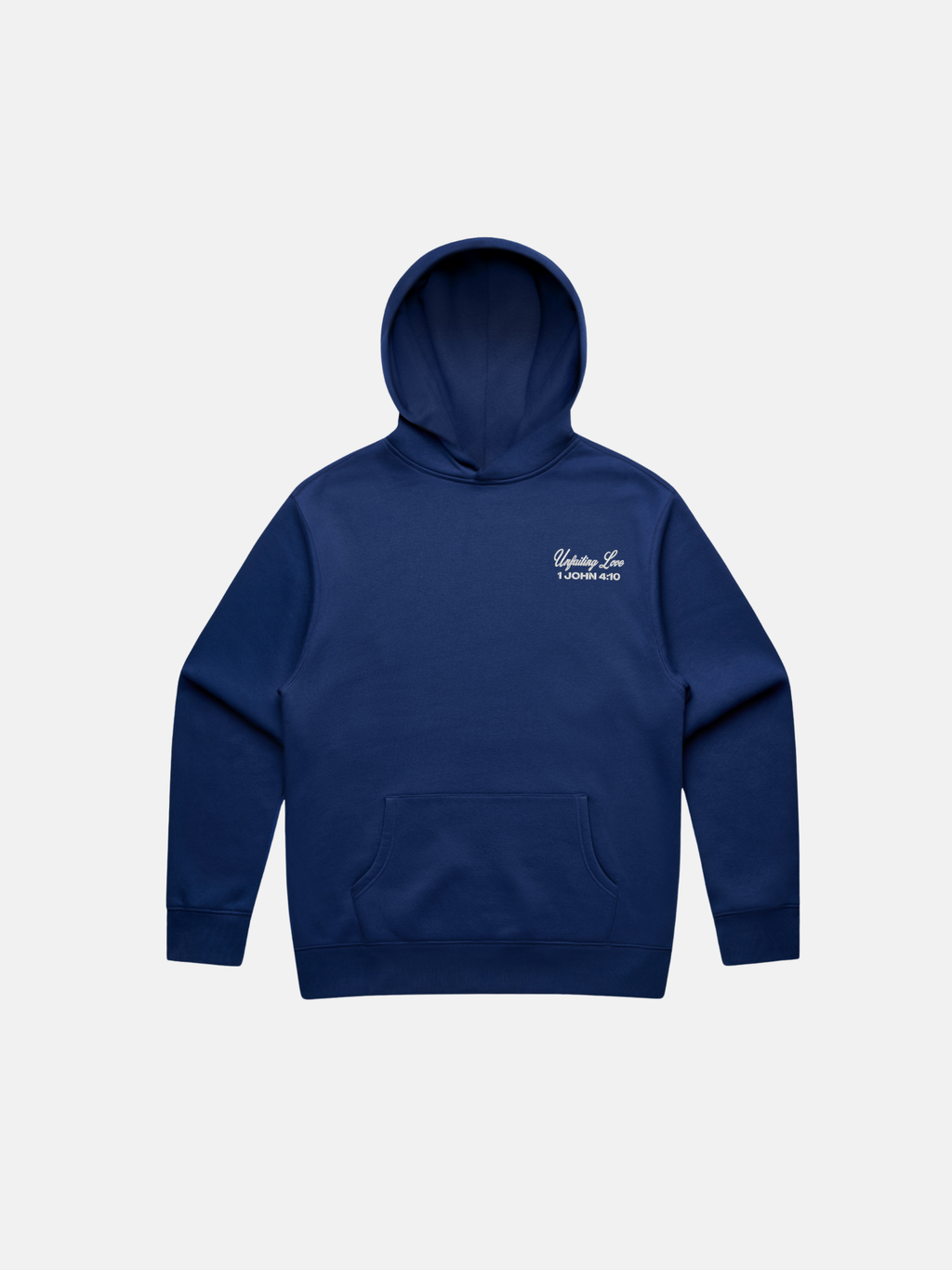 SĒK Apparel Unfailing Love Hoodie in navy — flat lay of faith-inspired Christian pullover hoodie with embroidered 'Unfailing Love' detail, referencing 1 John 4:10