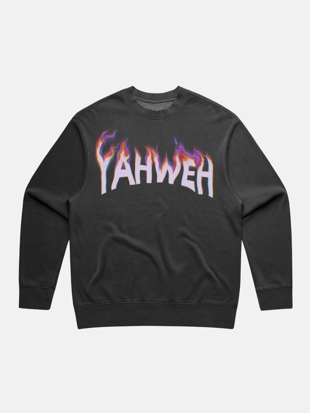SĒK Apparel YAHWEH Crewneck in gray — flat lay of faith-inspired Christian sweatshirt with bold 'YAHWEH' text on front