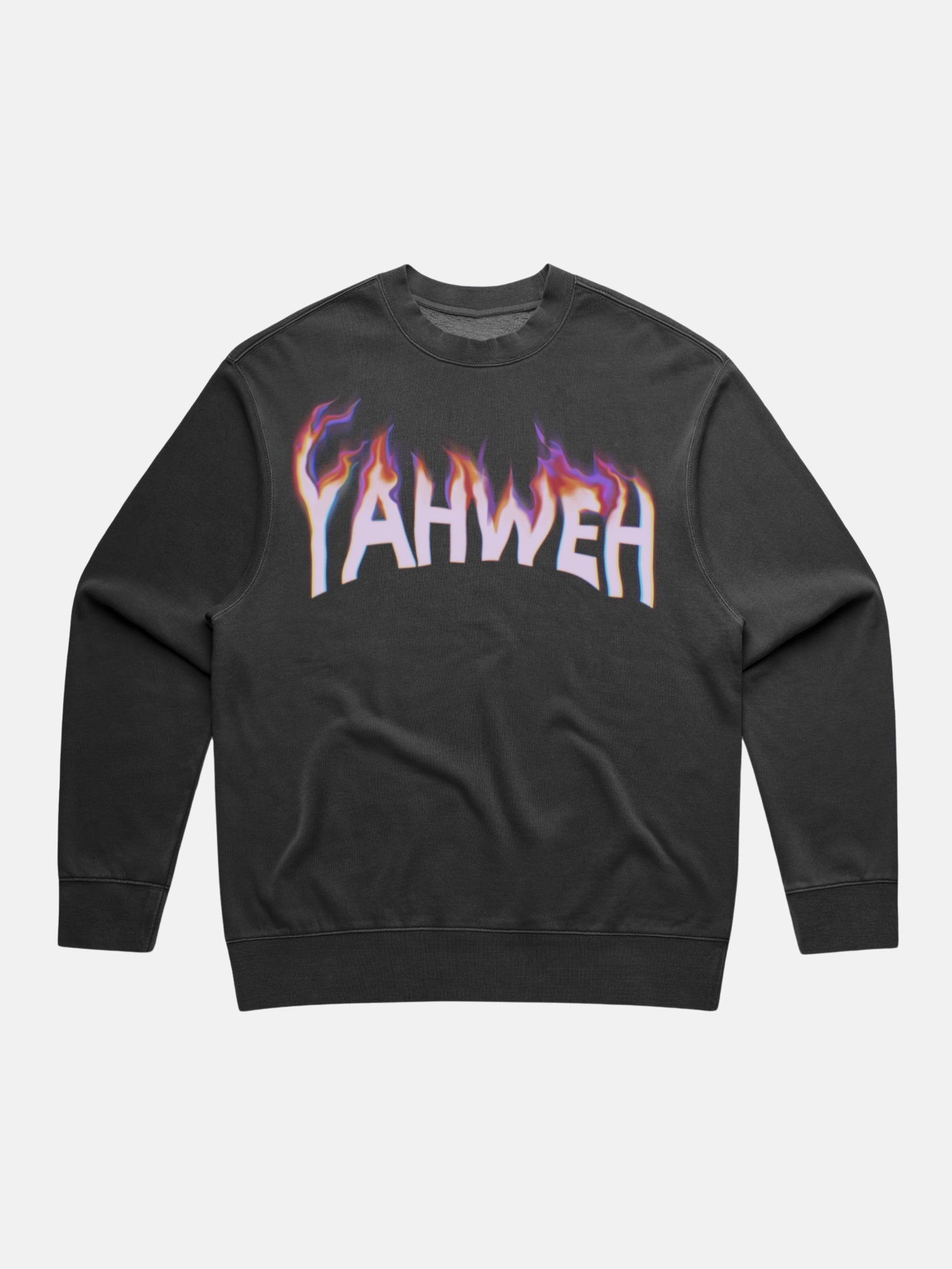 SĒK Apparel YAHWEH Crewneck in gray — flat lay of faith-inspired Christian sweatshirt with bold 'YAHWEH' text on front