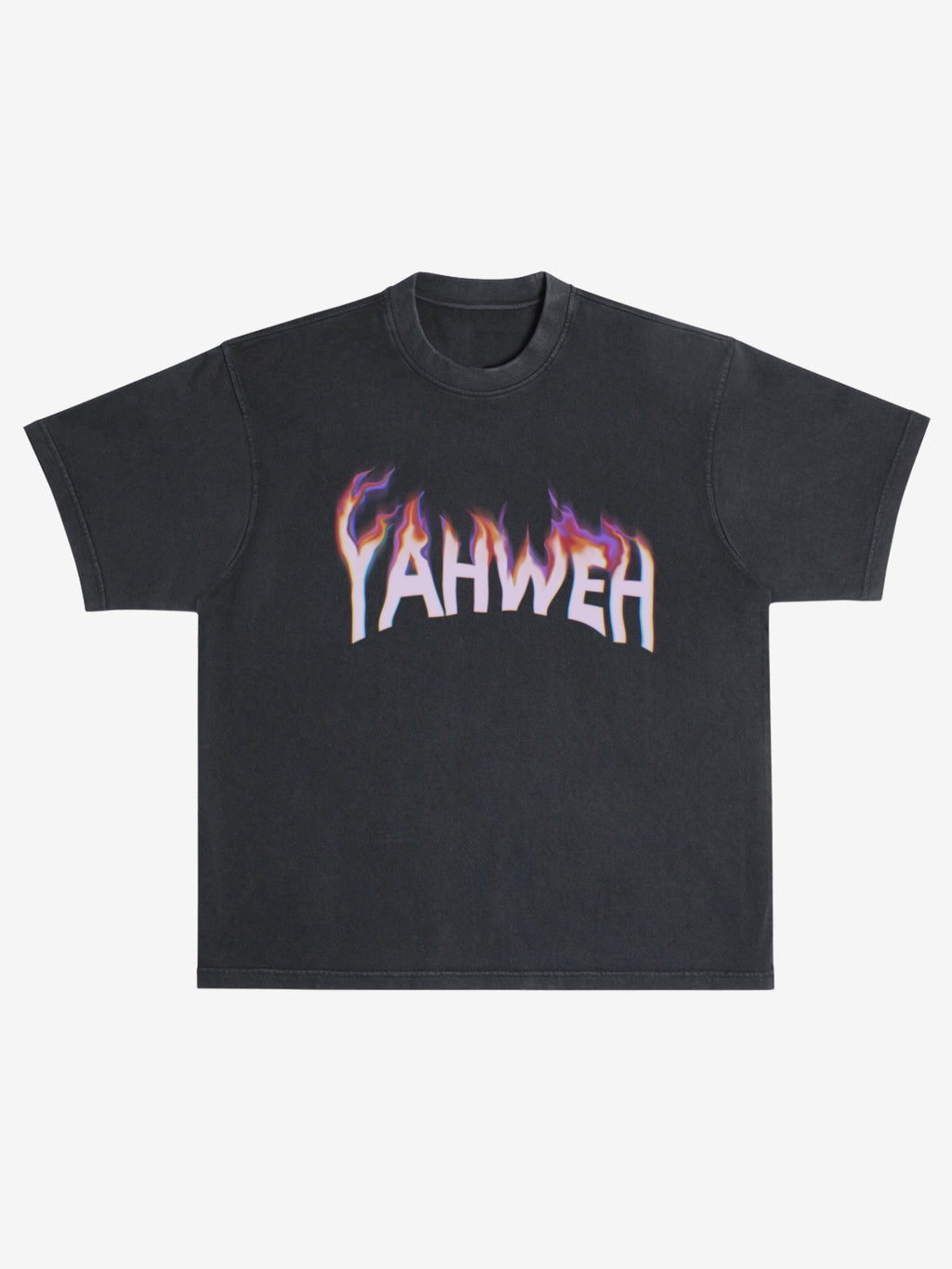 SĒK Apparel YAHWEH Tee in black — flat lay of faith-inspired Christian graphic tee with 'YAHWEH' text in stylized flame-inspired font