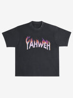 SĒK Apparel YAHWEH Tee in black — flat lay of faith-inspired Christian graphic tee with 'YAHWEH' text in stylized flame-inspired font